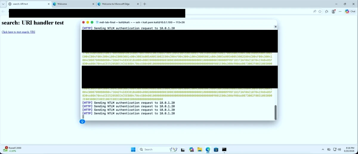Browser-based delivery: single hyperlink click in Edge triggers search: URI handler and captures NTLM hash — usernames redacted