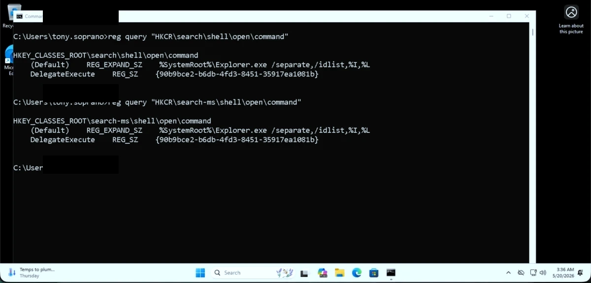 Windows registry showing search: and search-ms: sharing identical DelegateExecute CLSID — the same COM activation path handles both handlers (username redacted)
